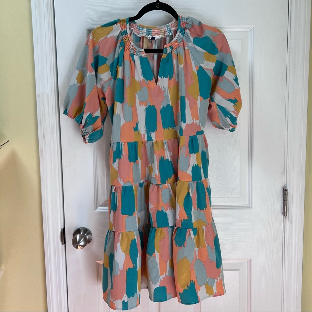 Michelle McDowell Abstract Tropical Dress Puff Sleeve Pockets Smock Tier Dress S